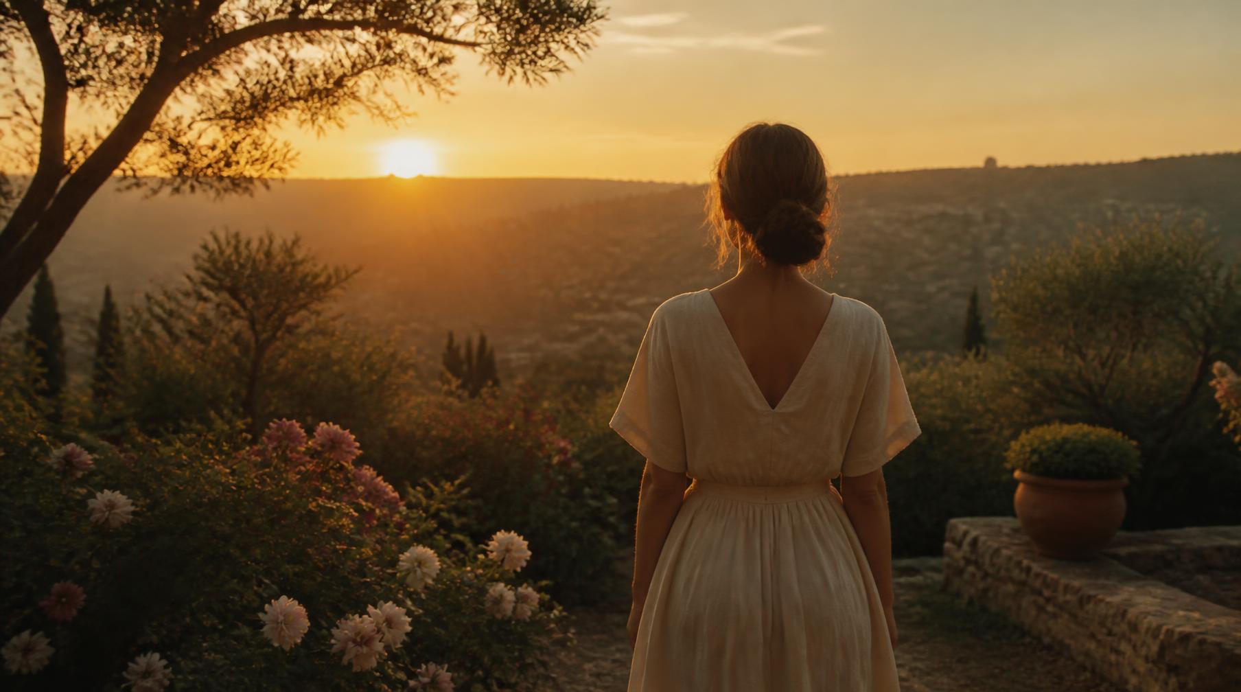 Mujer de espaldas en un jardín al atardecer, mirando hacia el horizonte