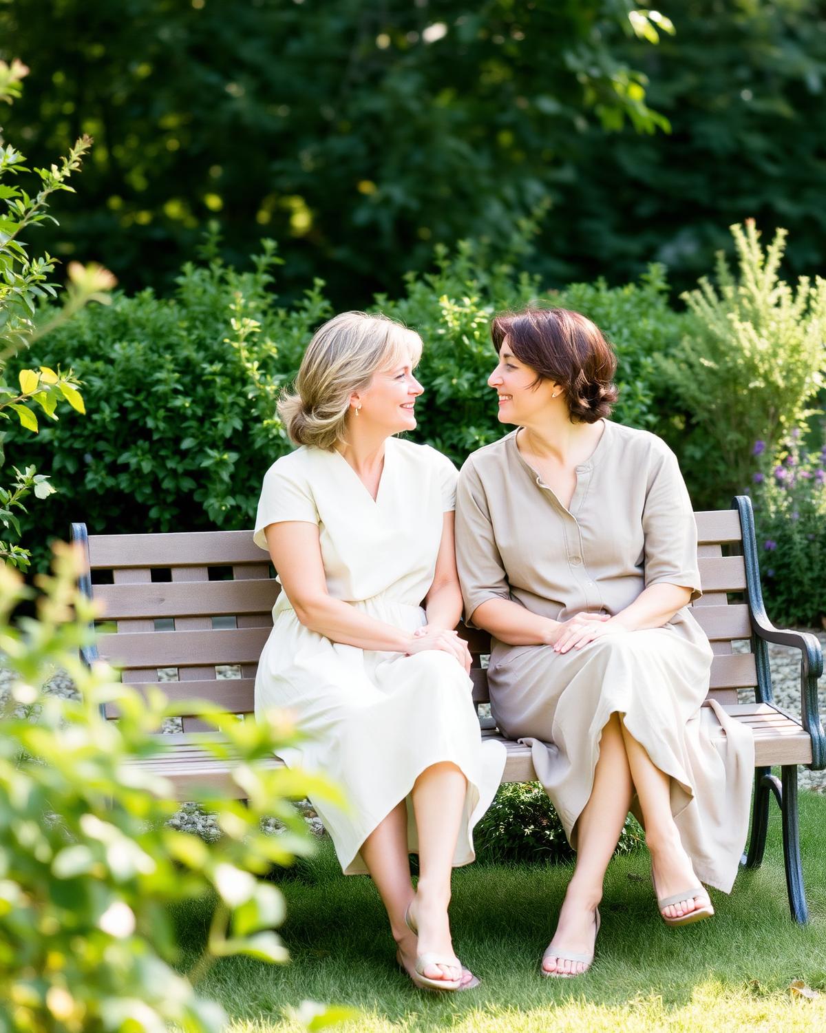 Dos mujeres conversando en una banca del jardín