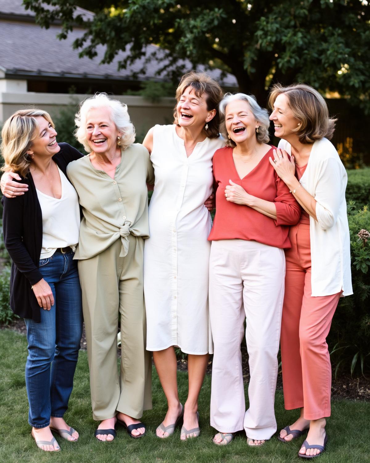 Grupo de mujeres abrazadas riendo en el jardín