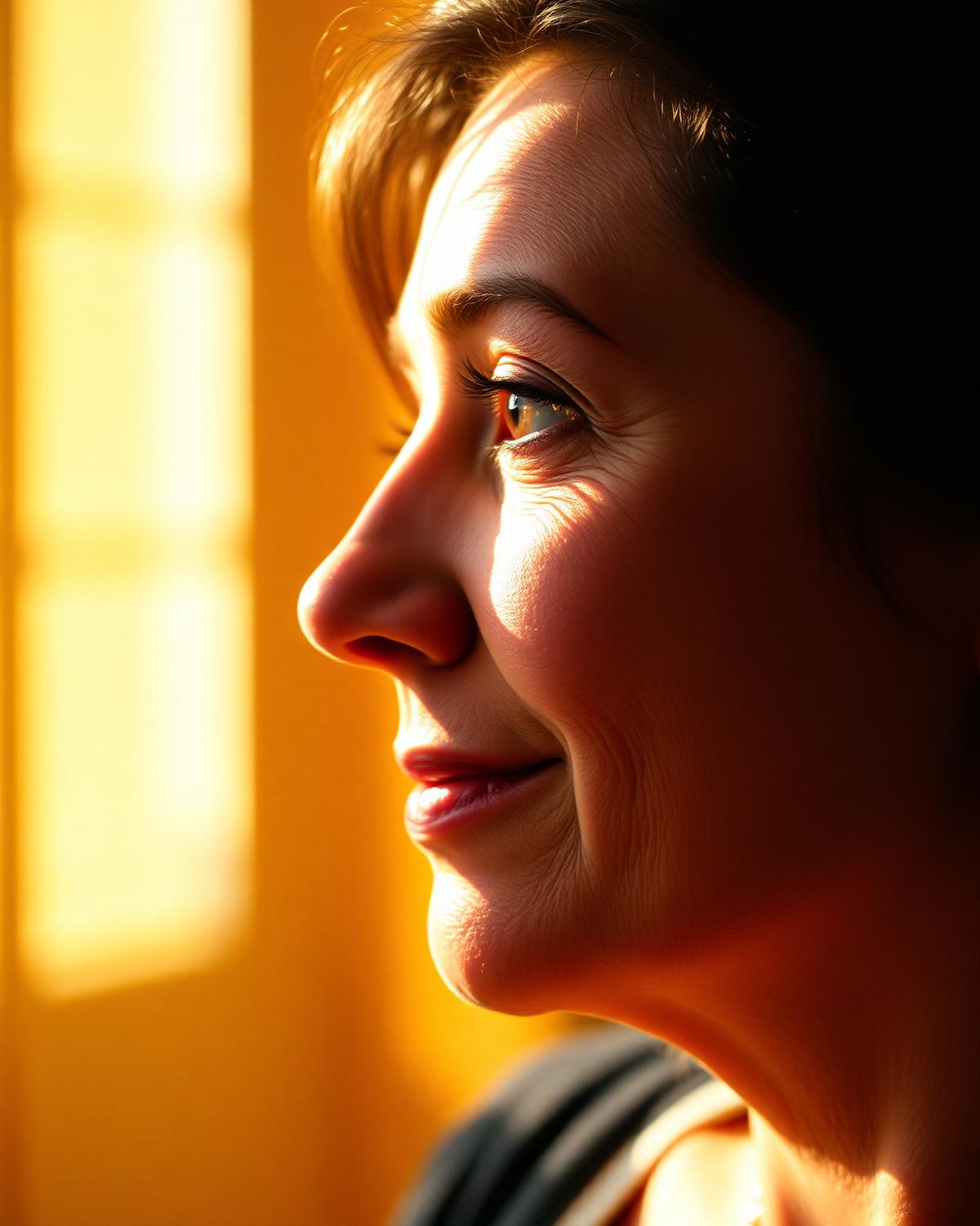Retrato de una mujer escuchando con atención bajo luz cálida