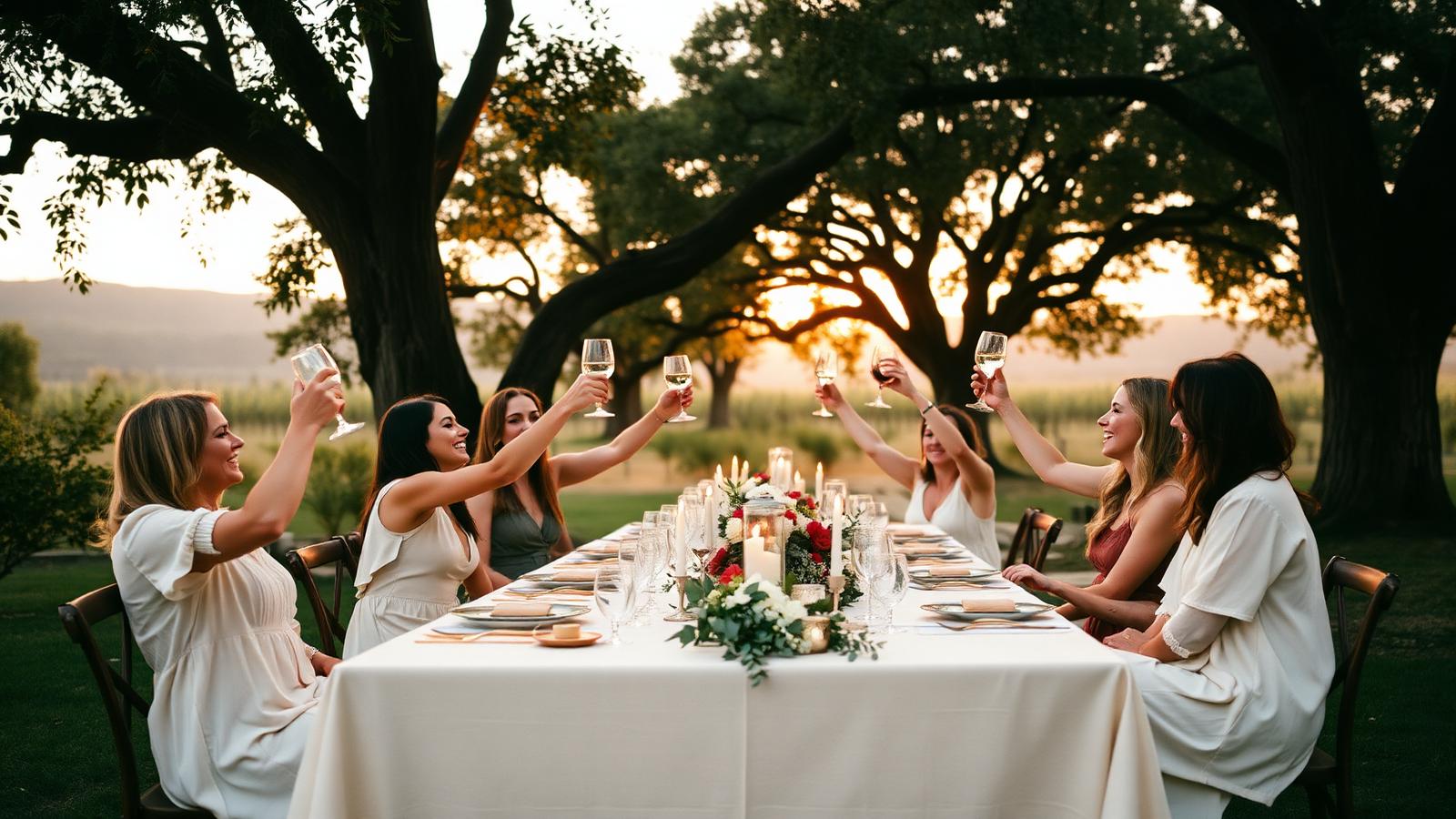 Mujeres brindando alrededor de una mesa larga al atardecer