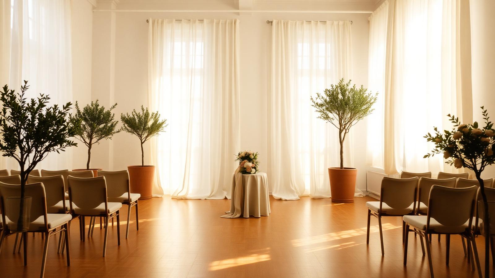 Salón preparado con sillas en círculo, cortinas de lino y olivos en macetas