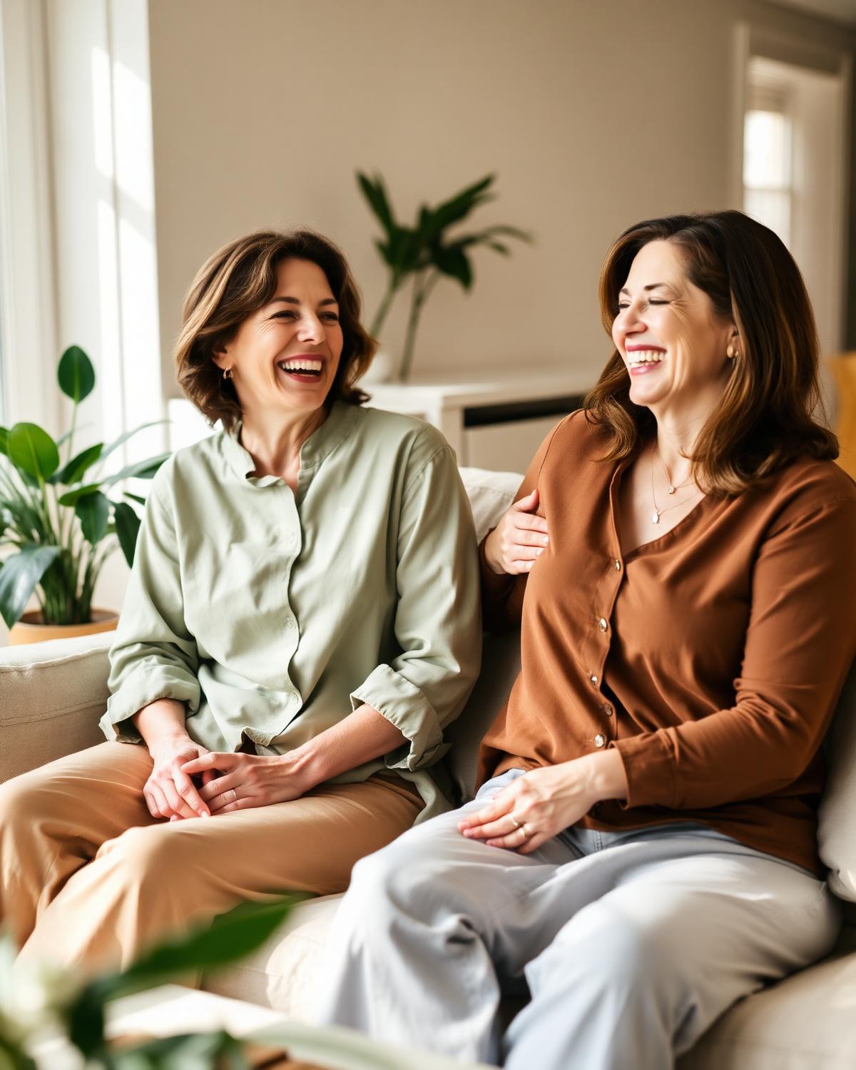 Dos mujeres riendo juntas en el jardín