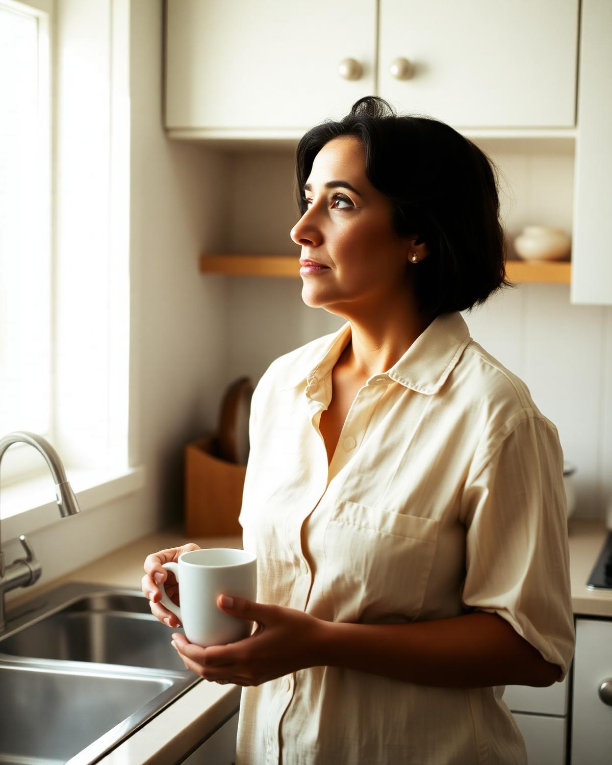 Mujer mirando por la ventana con expresión pensativa en luz suave