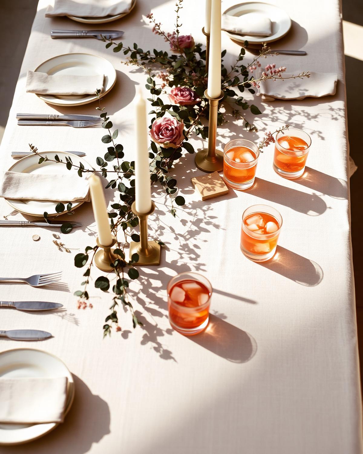Mesa vestida de lino con flores y velas al atardecer